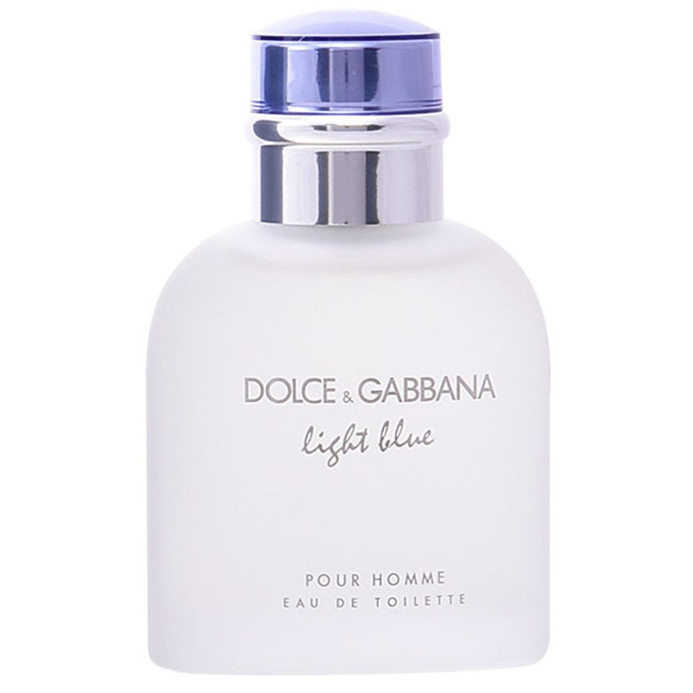 Flacon givré avec col argenté et bouchon bleu. Inscription: Dolce & Gabbana Light Blue Pour Homme Eau de Toilette.