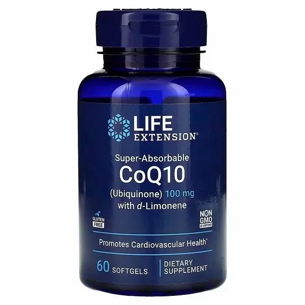 Blauwe pot met Life Extension Super-Absorbeerbaar CoQ10 100 mg, 60 softgels. Glutenvrij, Non-GMO.