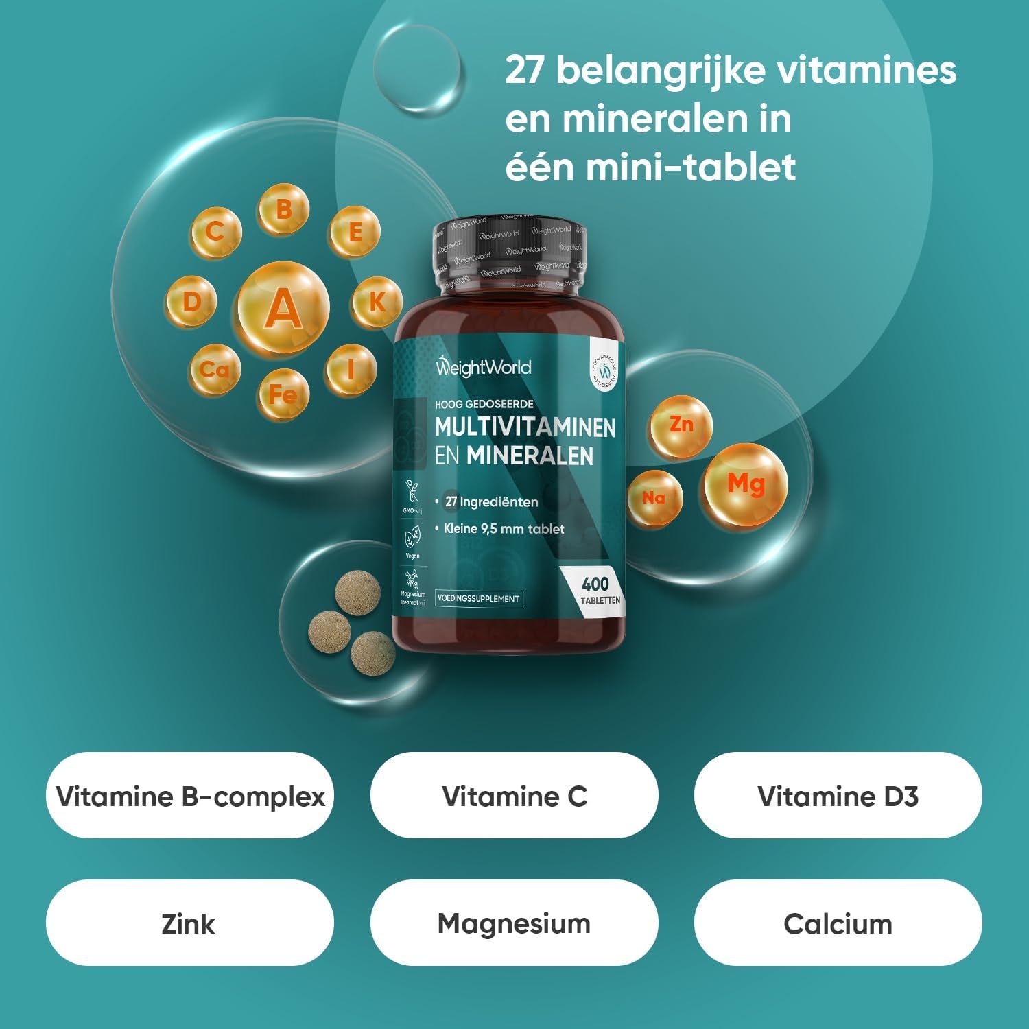 Fles Multivitaminen & Mineralen met vitamine-symbolen en kleine tabletten.