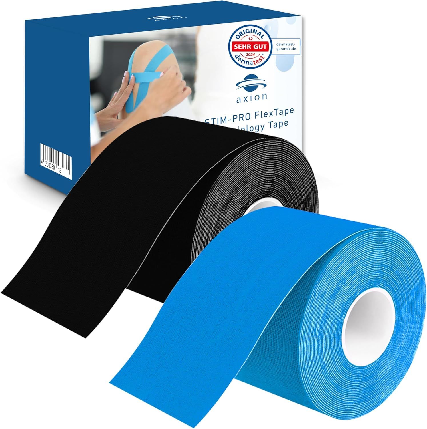 Rollen kinesiotape in zwart en blauw. Verpakking met productafbeelding en axion®-logo.