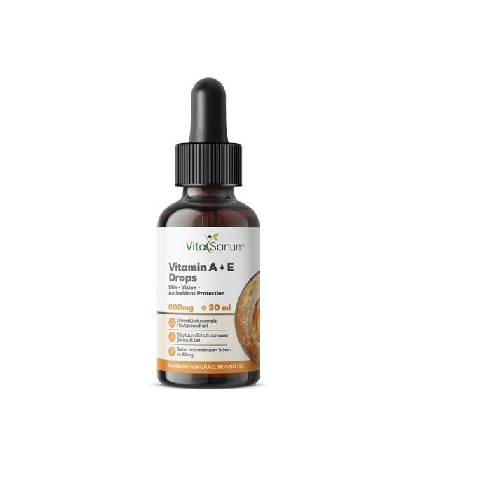 Flacon VitaSanum Vitamine A+E avec compte-gouttes. Contient 30 ml.