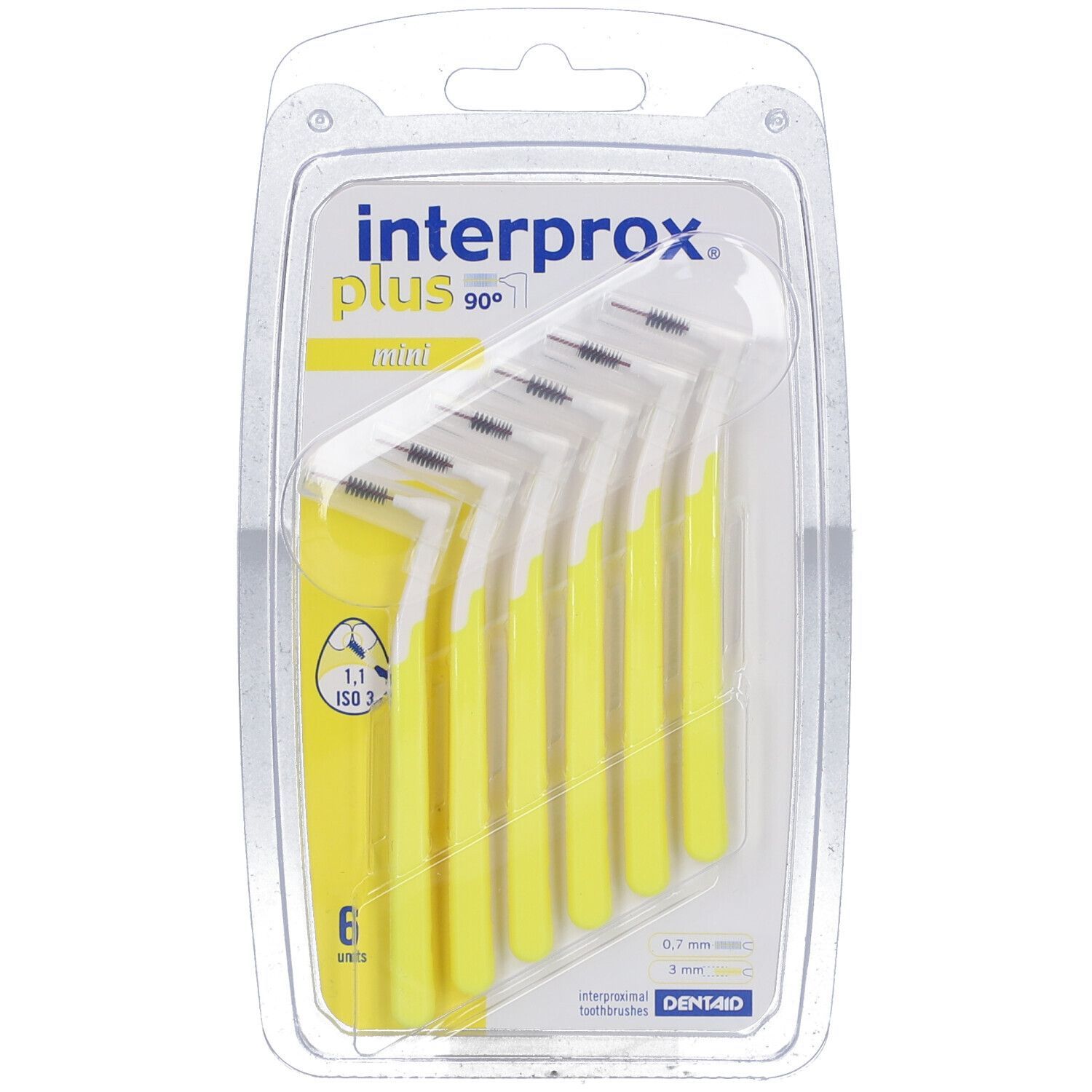Verpakking met 6 gele Interprox Plus Mini borstels. Zichtbare productinformatie.