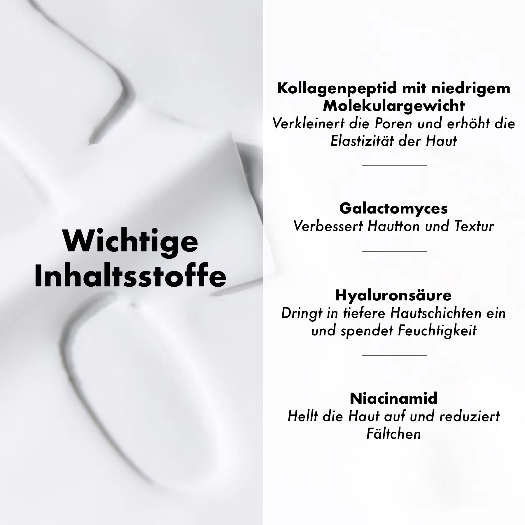 Belangrijke ingrediënten: Collageenpeptide, Galactomyces, Hyaluronzuur, Niacinamide.