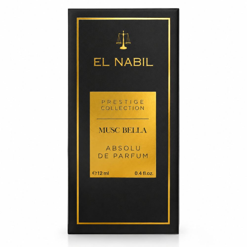 Boîte de parfum noire avec des accents dorés. Indique 'EL NABIL', 'MUSC BELLA', 'ABSOLU DE PARFUM' et '12ml'.