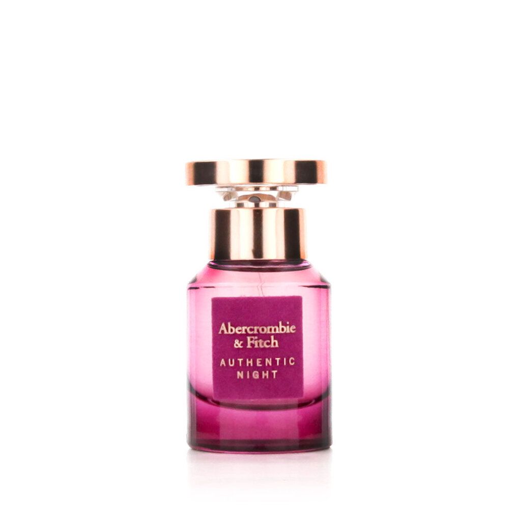 Flacon rose avec bouchon doré. L'étiquette indique "Abercrombie & Fitch Authentic Night".