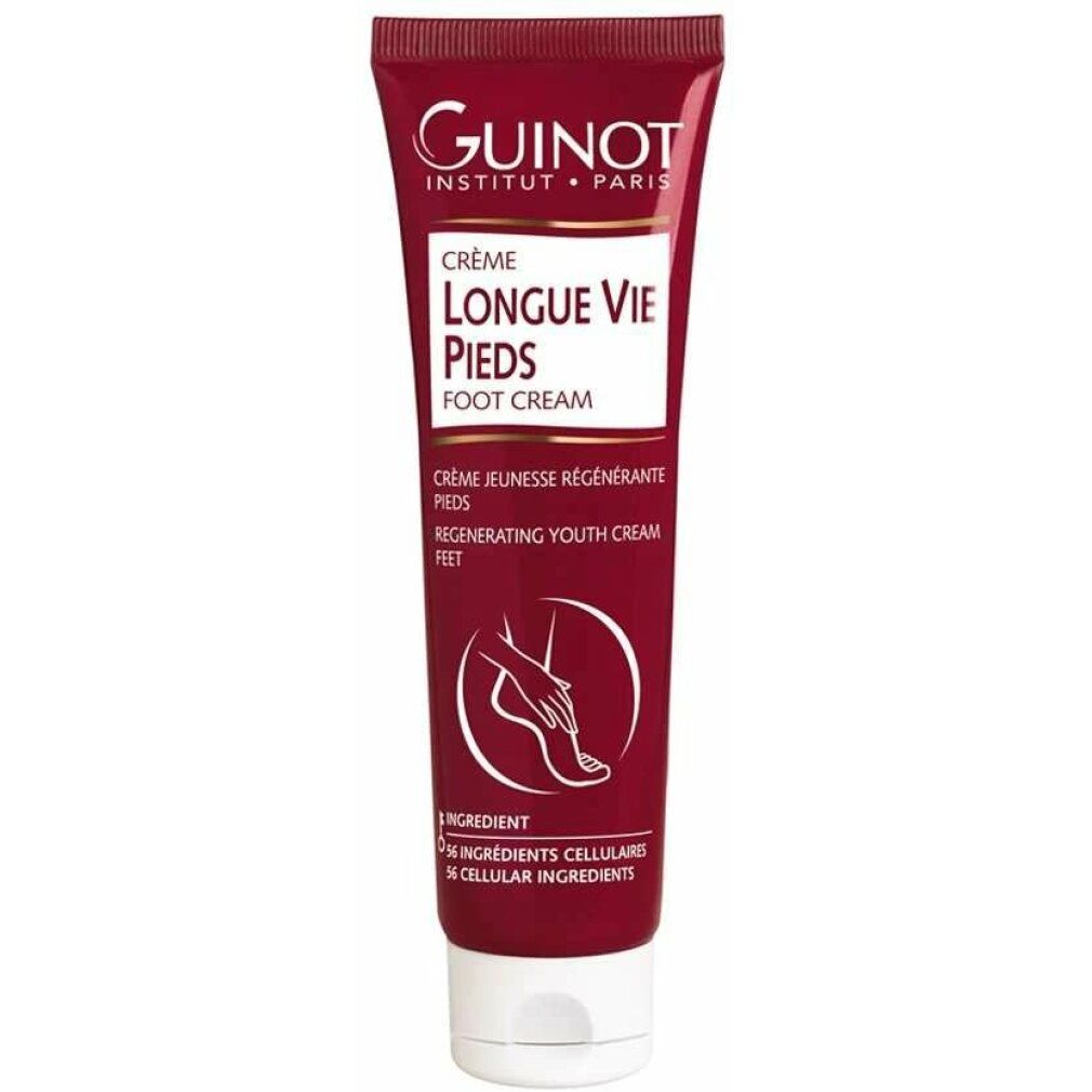 Tube rouge Guinot Longue Vie Pieds. Inscription: Foot Cream. Contient 125 ml. Bouchon blanc. Logo Guinot.