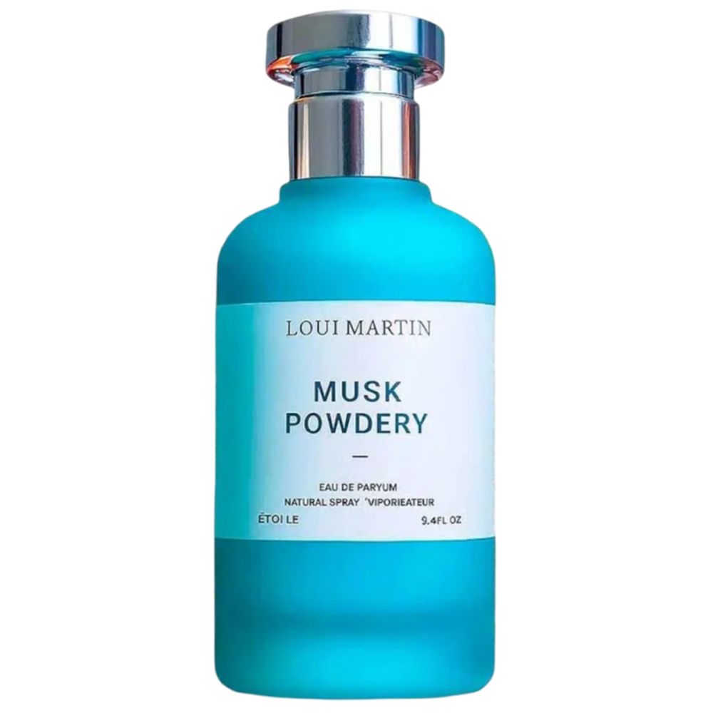Turquoise fles met zilveren dop. Wit etiket: "Loui Martin Musk Powdery Eau de Parfum". 