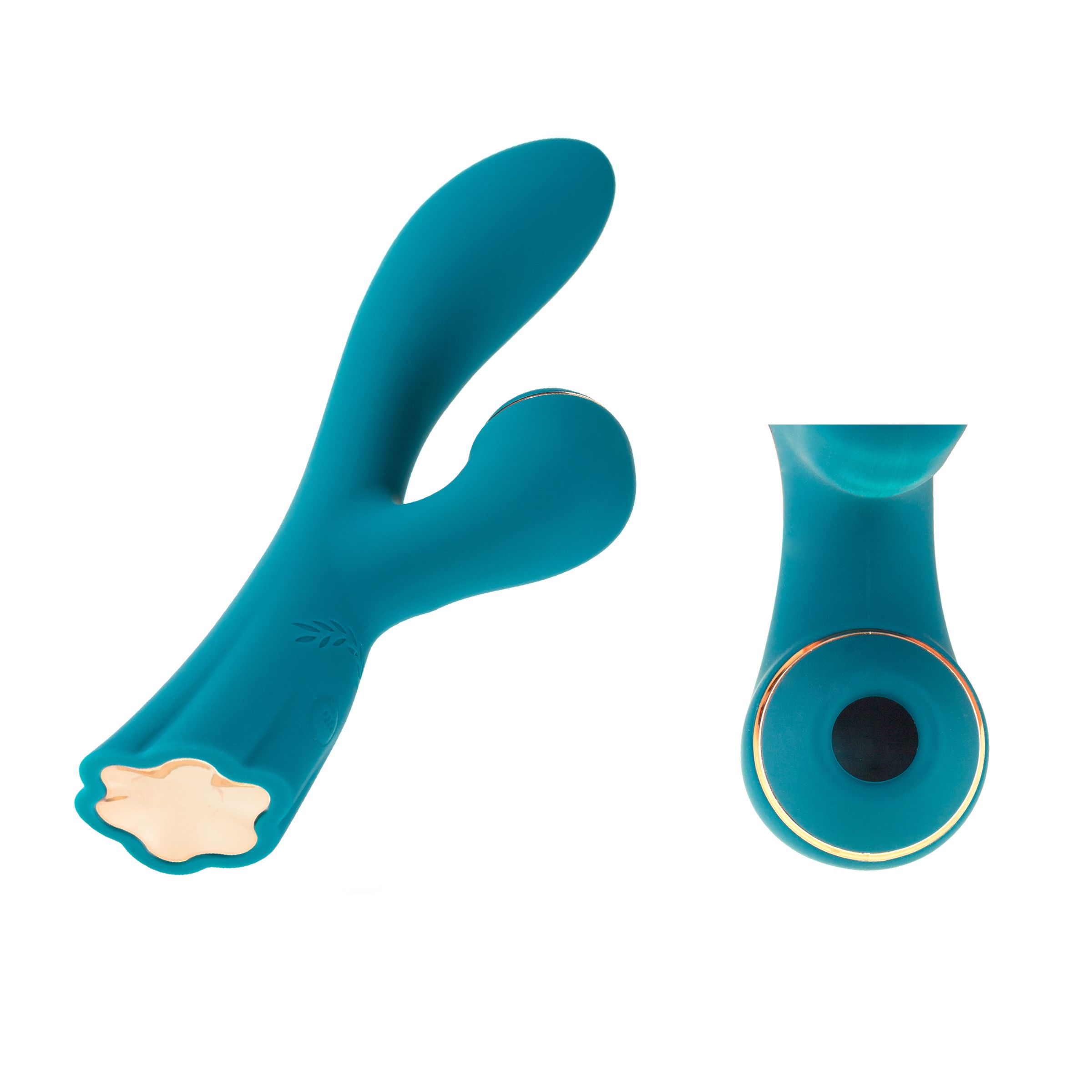 Jouet sexuel turquoise en deux parties. Avec des accents dorés.