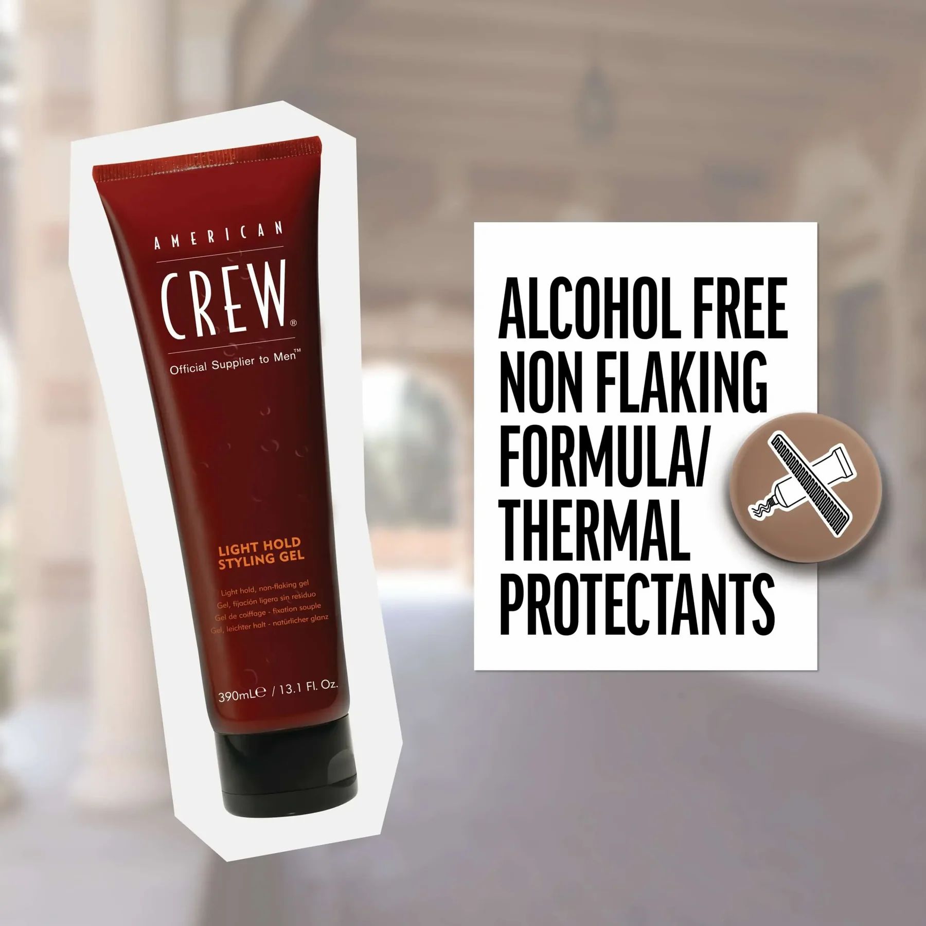 Bruine tube, American Crew Light Hold Styling Gel. Tekst: Alcohol Free, Non Flaking Formula, Thermal Protectants.
