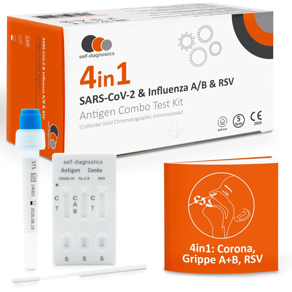 Kit de test avec emballage. Comprend une cassette de test, un écouvillon et un tube. Inscription : 4en1, SARS-CoV-2, Grippe A/B, VRS.