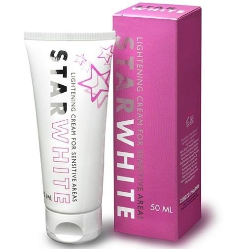 Crèmetube en doos. Opschrift STAR WHITE, Lightening Cream for Sensitive Areas. Roze sterren en tekst.