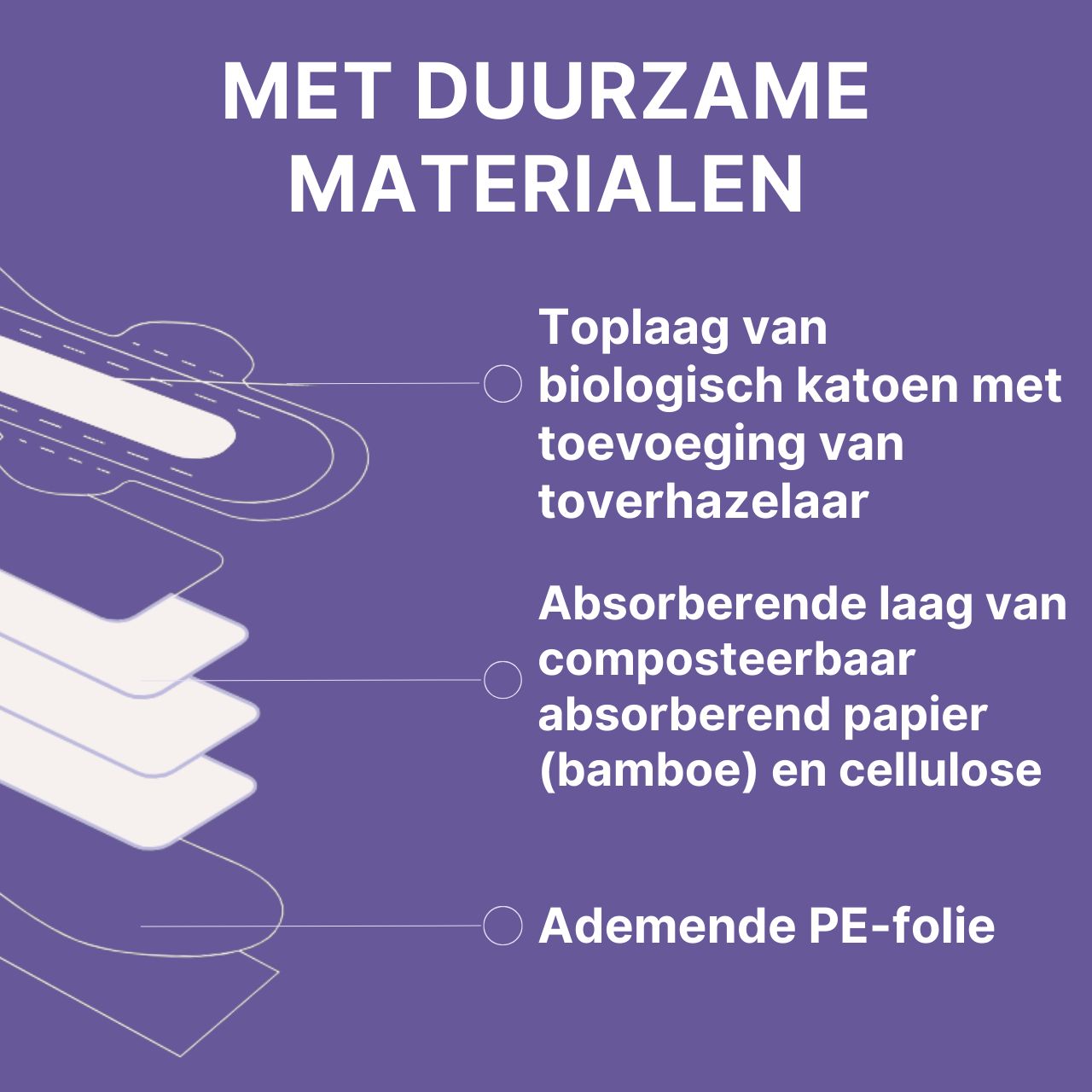 Opbouw van een kraamverband. Toplaag van biologisch katoen met toverhazelaar. Absorberende laag van bamboe en cellulose. Ademende PE-folie.