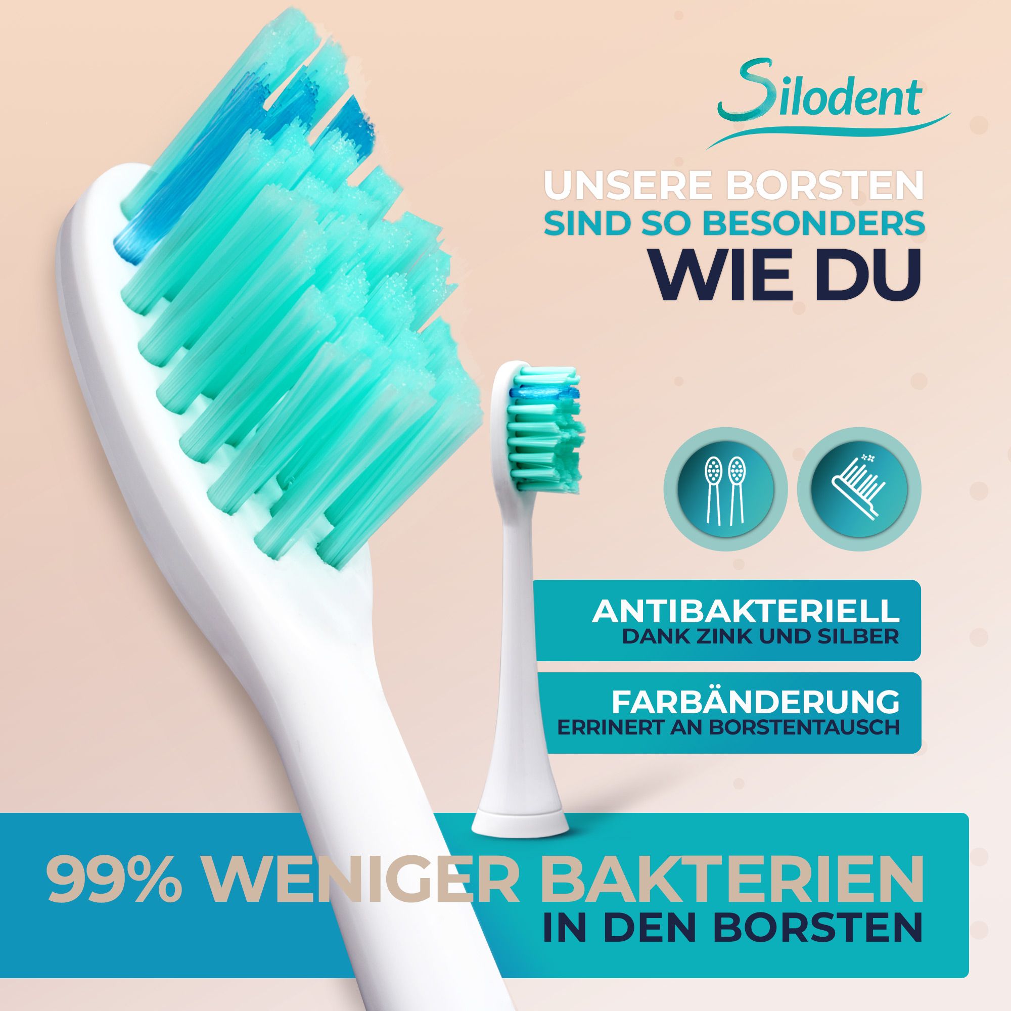 Brosse à dents sonique Silodent : poils blancs aux pointes bleues, antibactériens grâce au zinc et à l'argent.