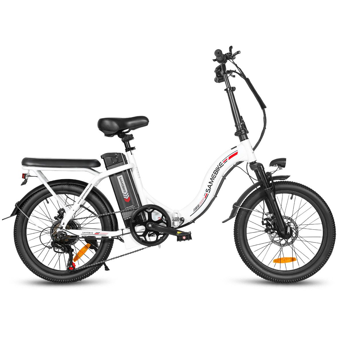 Opvouwbare e-bike, wit en zwart, met koplamp. Merk SAMEBIKE.