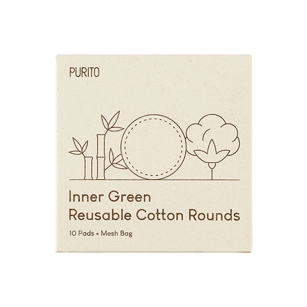 Emballage carré avec logo et inscription "Inner Green Reusable Cotton Rounds". Contient 10 tampons et un sac en filet.