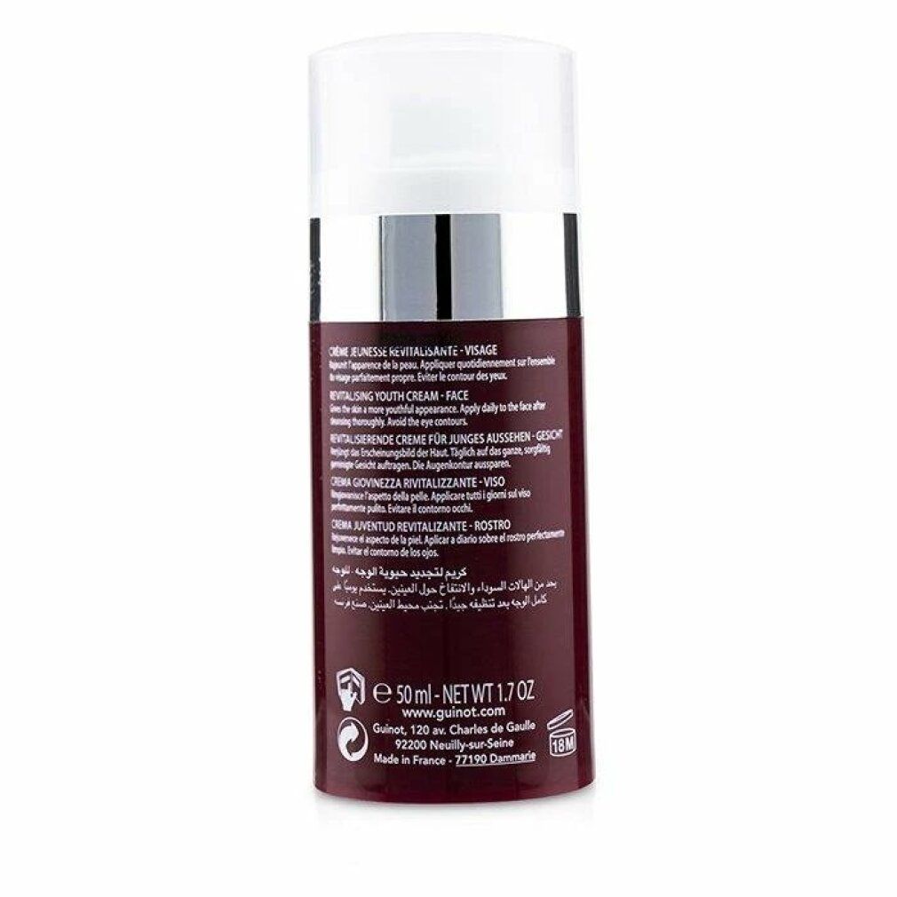 Rode fles met witte dop. Opschrift: Guinot, Crme Longue Vie, Revitalising Youth Cream Face. Meertalige tekst.