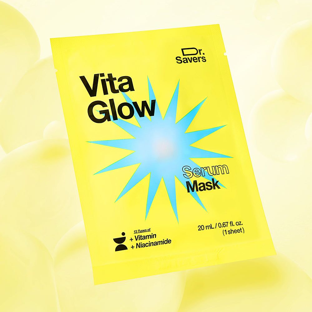 Dos d'un emballage jaune pour masque sérum Vita Glow avec instructions.