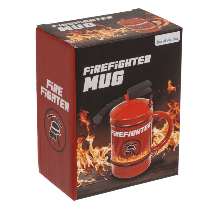 Rode beker in brandblusser-ontwerp met handvat en deksel. Opschrift "Firefighter". Verpakt in een doos met productafbeelding.