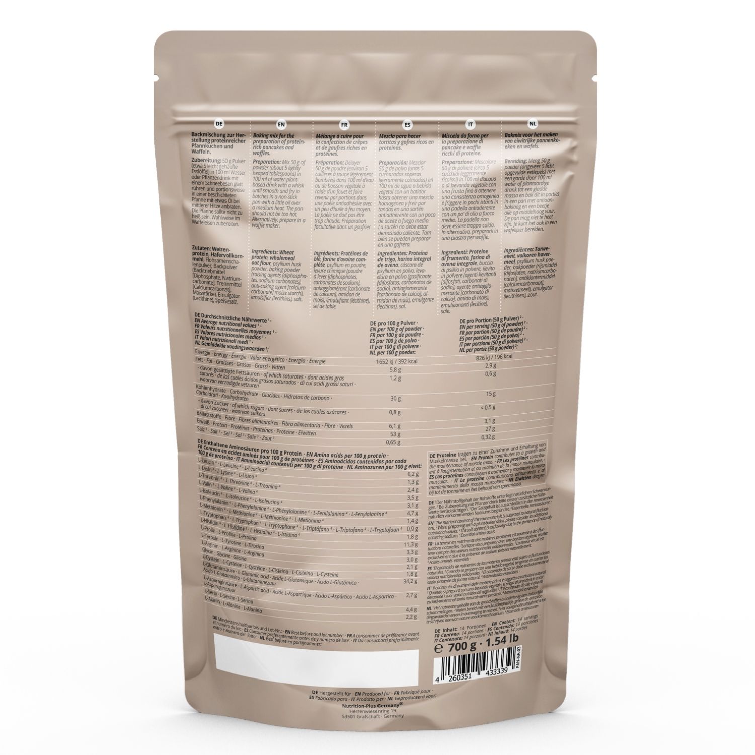 Dos de l'emballage du produit avec texte en plusieurs langues. Contient des informations nutritionnelles et des listes d'ingrédients.