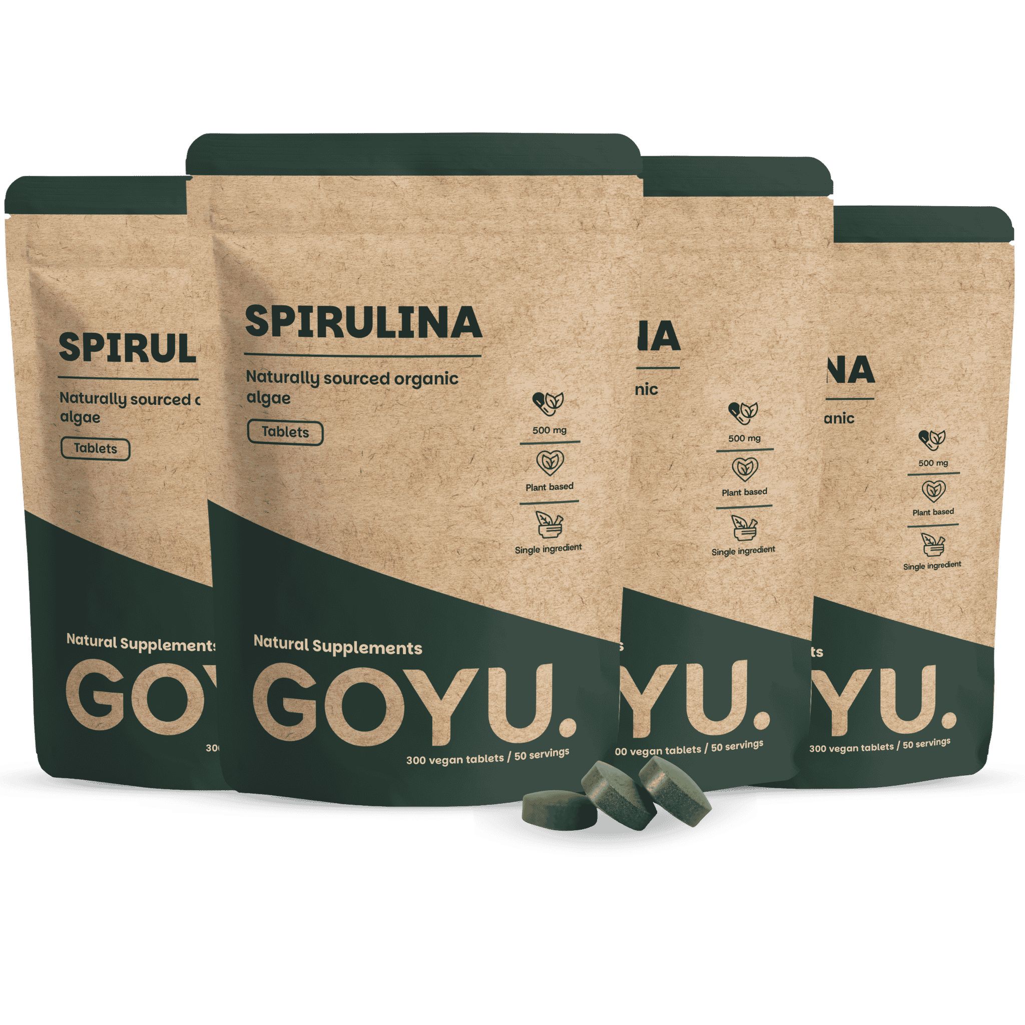 Vier pakken spirulinatabletten, 300 vegane tabletten per pak.