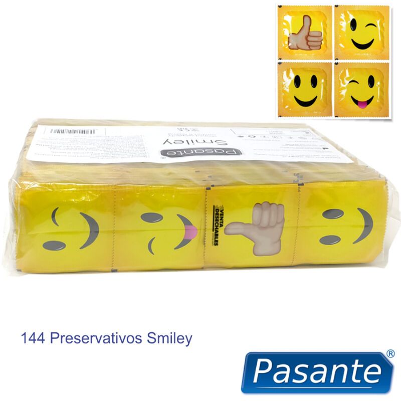 Verpakking Pasante Smiley condooms. Gele verpakkingen met smiley gezichten. Opschrift: 144 Preservativos Smiley. Productnaam: Pasante.