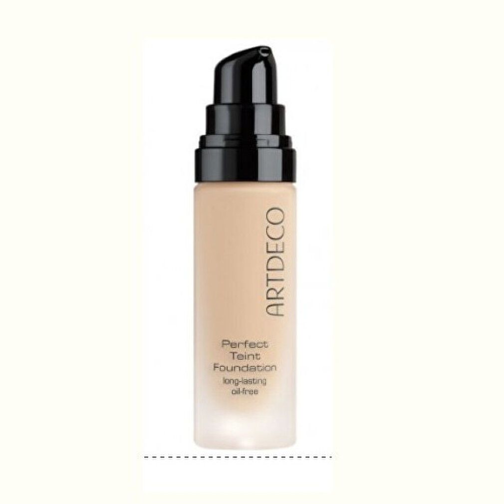Foundationfles met zwarte pomp. Opschrift: ARTDECO, Perfect Teint Foundation, long-lasting, oil-free.