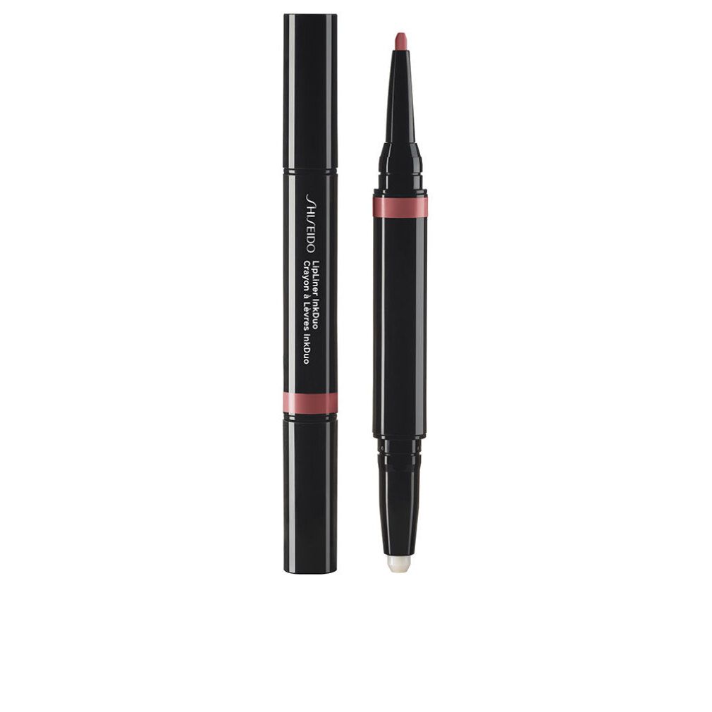 Dubbele lippenstift met zwarte behuizing. Opschrift: SHISEIDO Lip Liner Ink Duo 03. Eén stift open, één dicht.