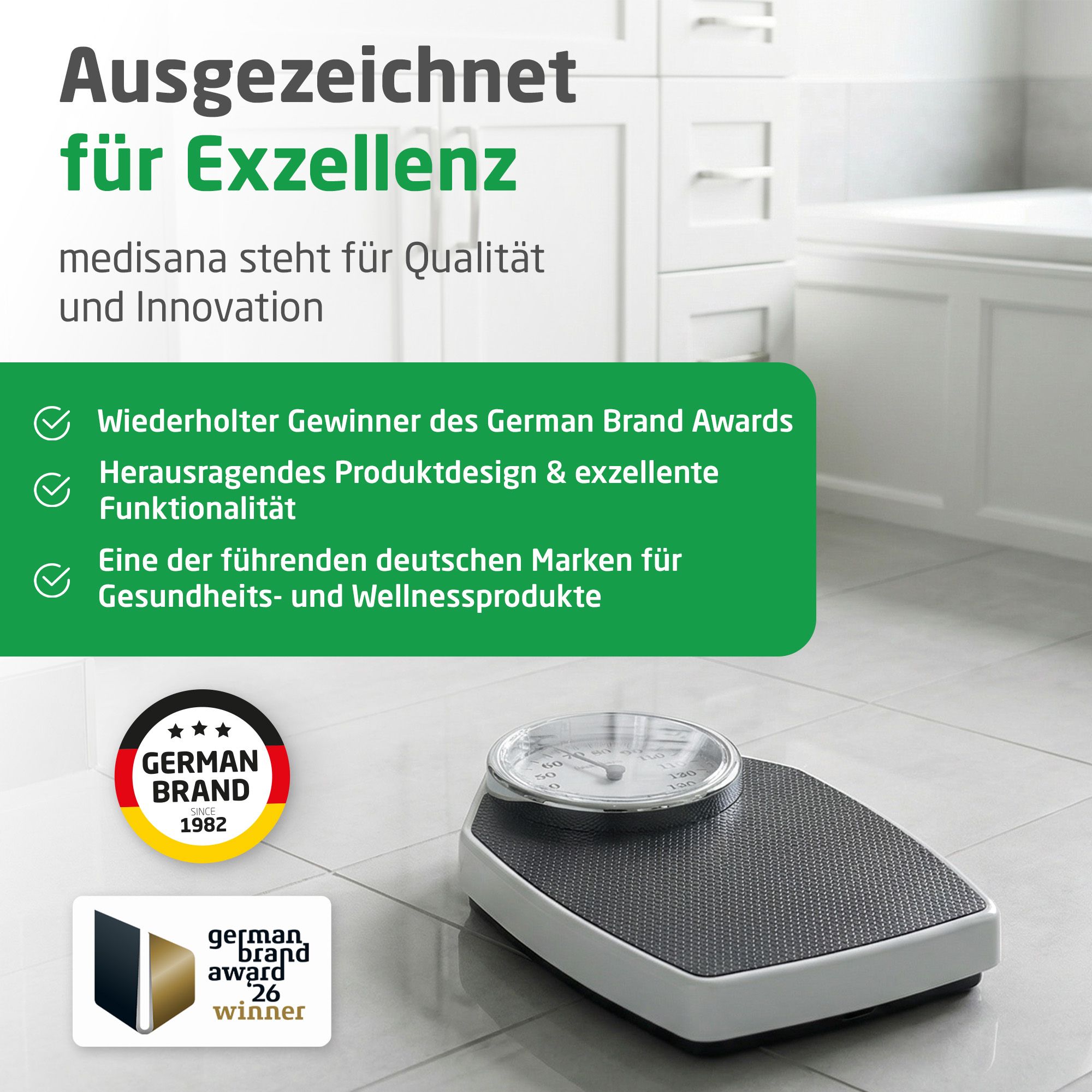 Balance personnelle analogique avec logo Medisana. Récompensée pour son design et sa fonctionnalité, German Brand Award.