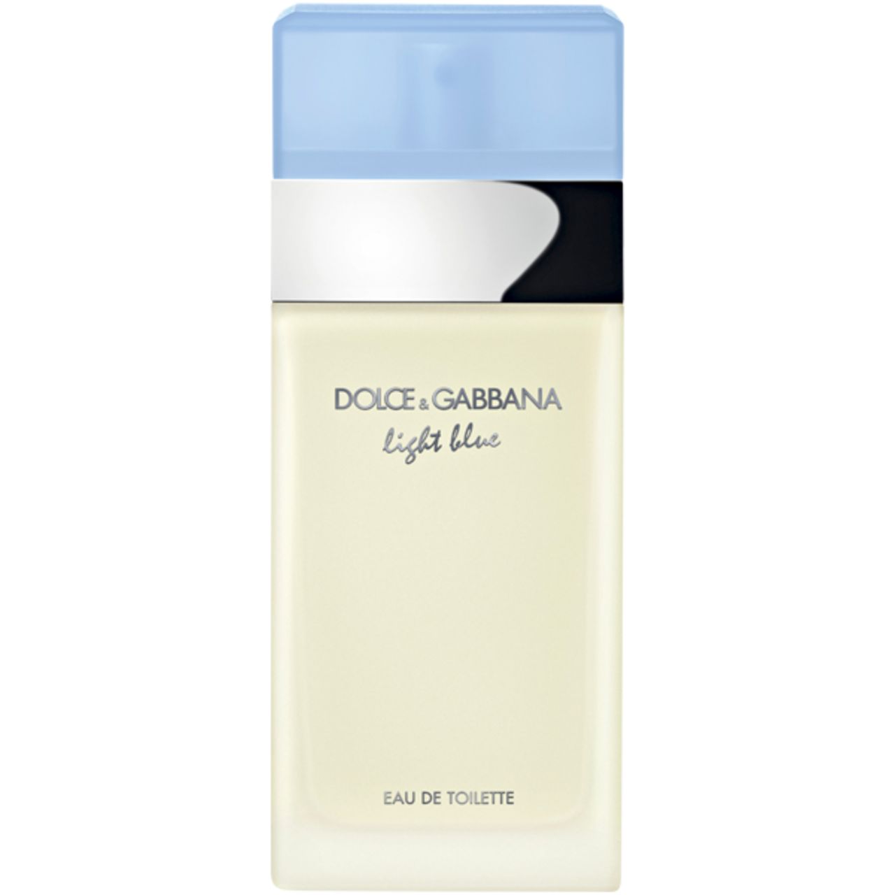Flacon Dolce & Gabbana Light Blue EdT. Bouchon bleu clair, bande argentée, étiquette blanche.
