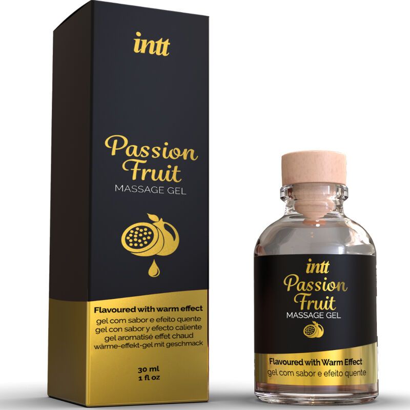 Intt Passion Fruit massagegel kartonnen verpakking naast glazen fles met houten dop.