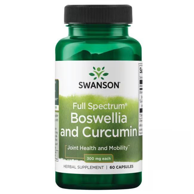 Flacon vert avec bouchon noir. Inscription: SWANSON, Boswellia et Curcumin, 60 gélules. 300 mg chacune.
