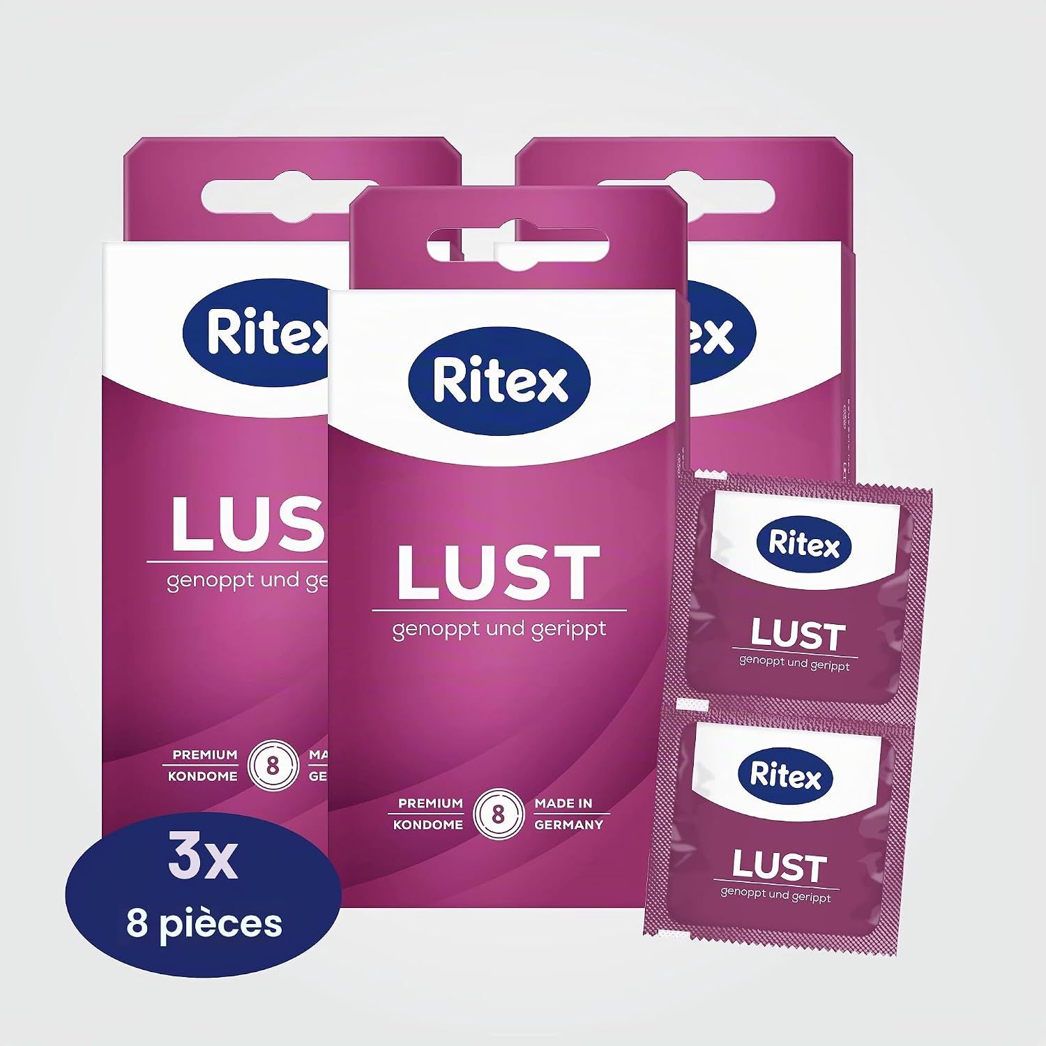 Préservatifs Ritex LUST : Nervuré et à picots. Longueur env. 190 mm, Largeur nominale env. 55 mm, Épaisseur : Forte.