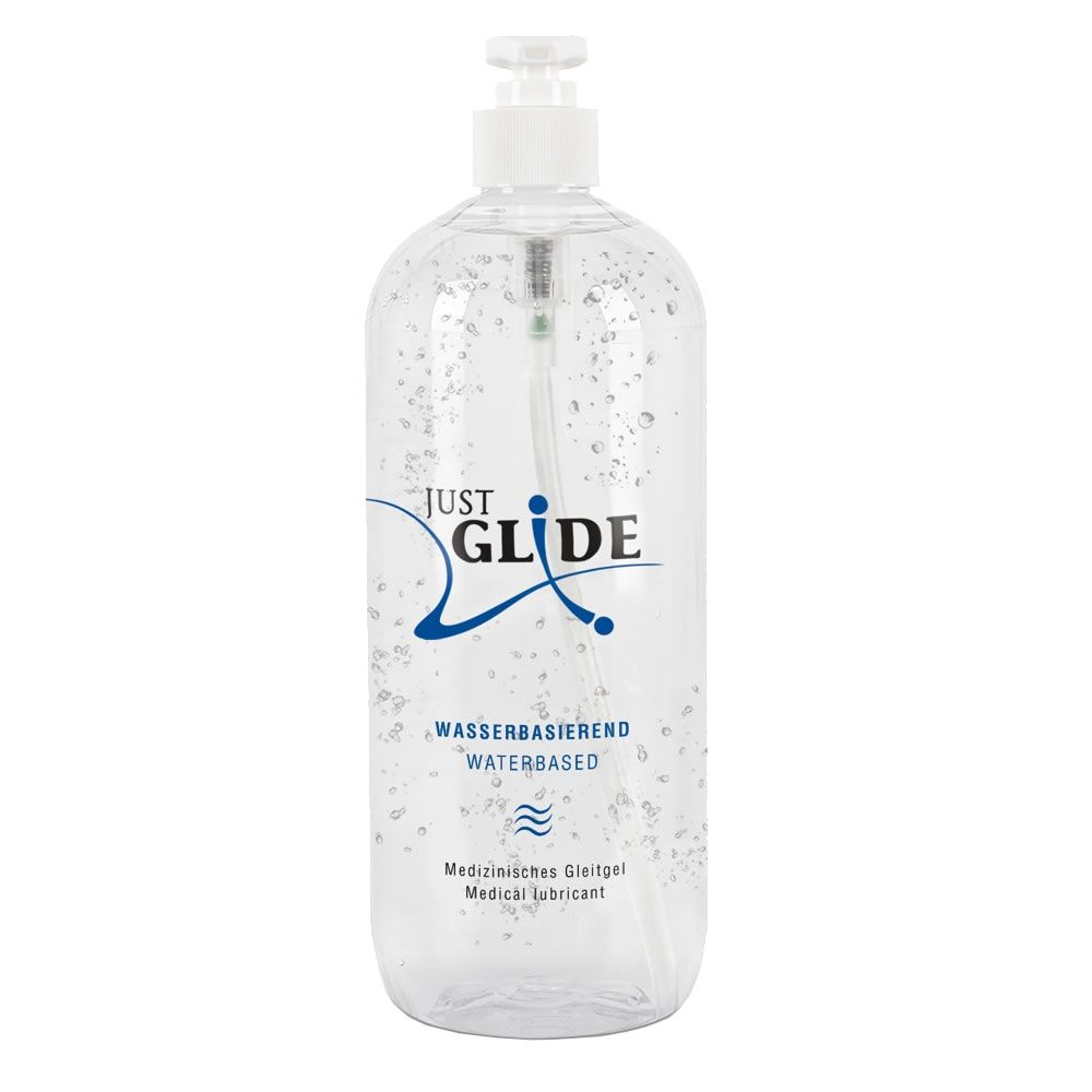 Transparante fles met doseerpomp. Opschrift: JUST GLIDE, op waterbasis, medische glijmiddel. Zegel.
