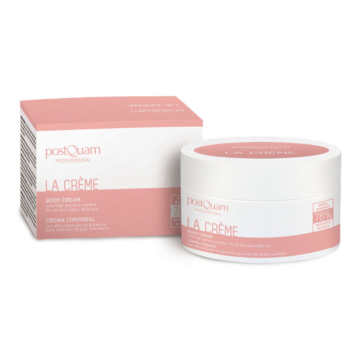 Witte pot met roze deksel, naast doos. Opschrift La Crème, PostQuam en Body Cream.