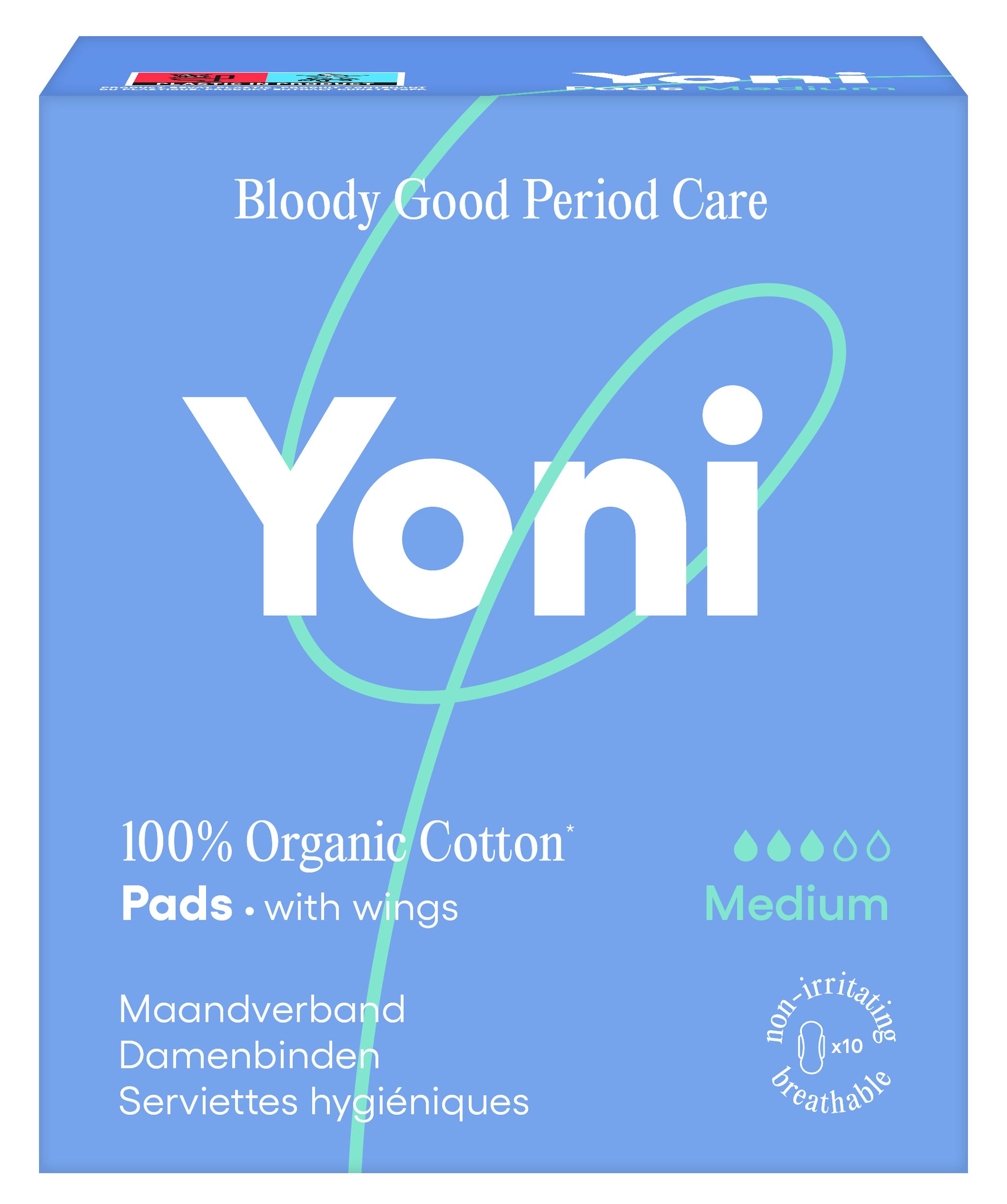 Yoni maandverband verpakking, 100% biologisch katoen, met vleugels, Medium.