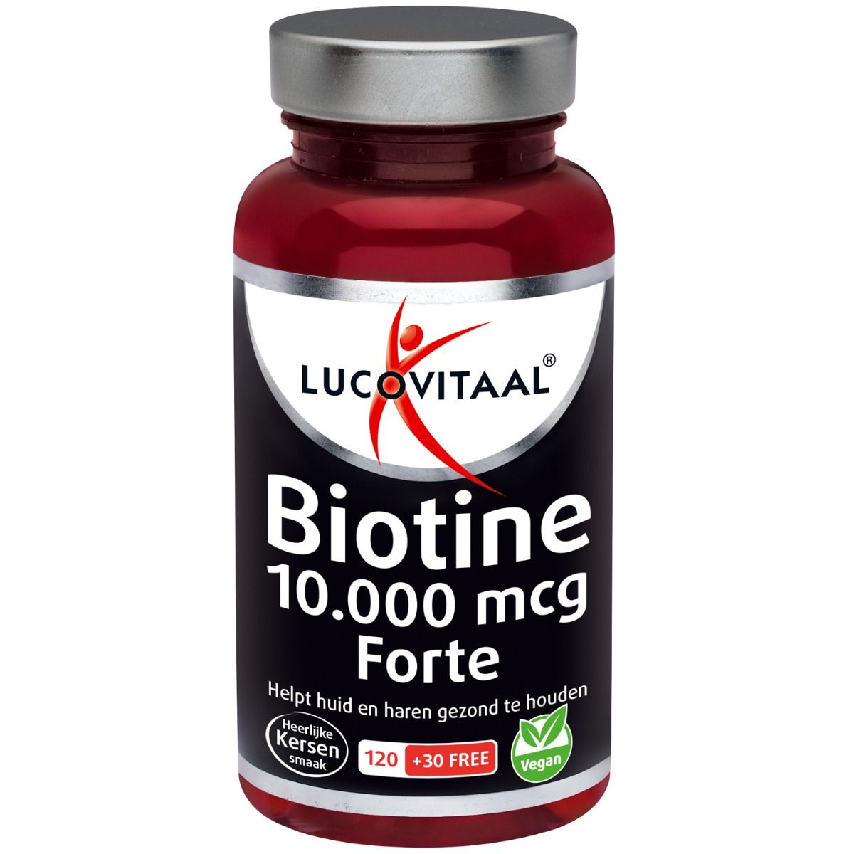 Flacon rouge de Biotine Forte. Contient 120 + 30 comprimés. Vegan. Inscription : Lucovitaal, Biotine 10.000 mcg Forte.