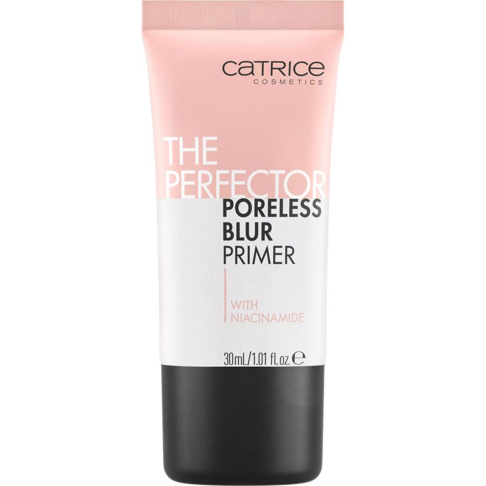 Tube rose et noir. Inscription: Catrice, THE PERFECTOR PORELESS BLUR PRIMER, avec Niacinamide. 30ml/1.01 fl oz e.