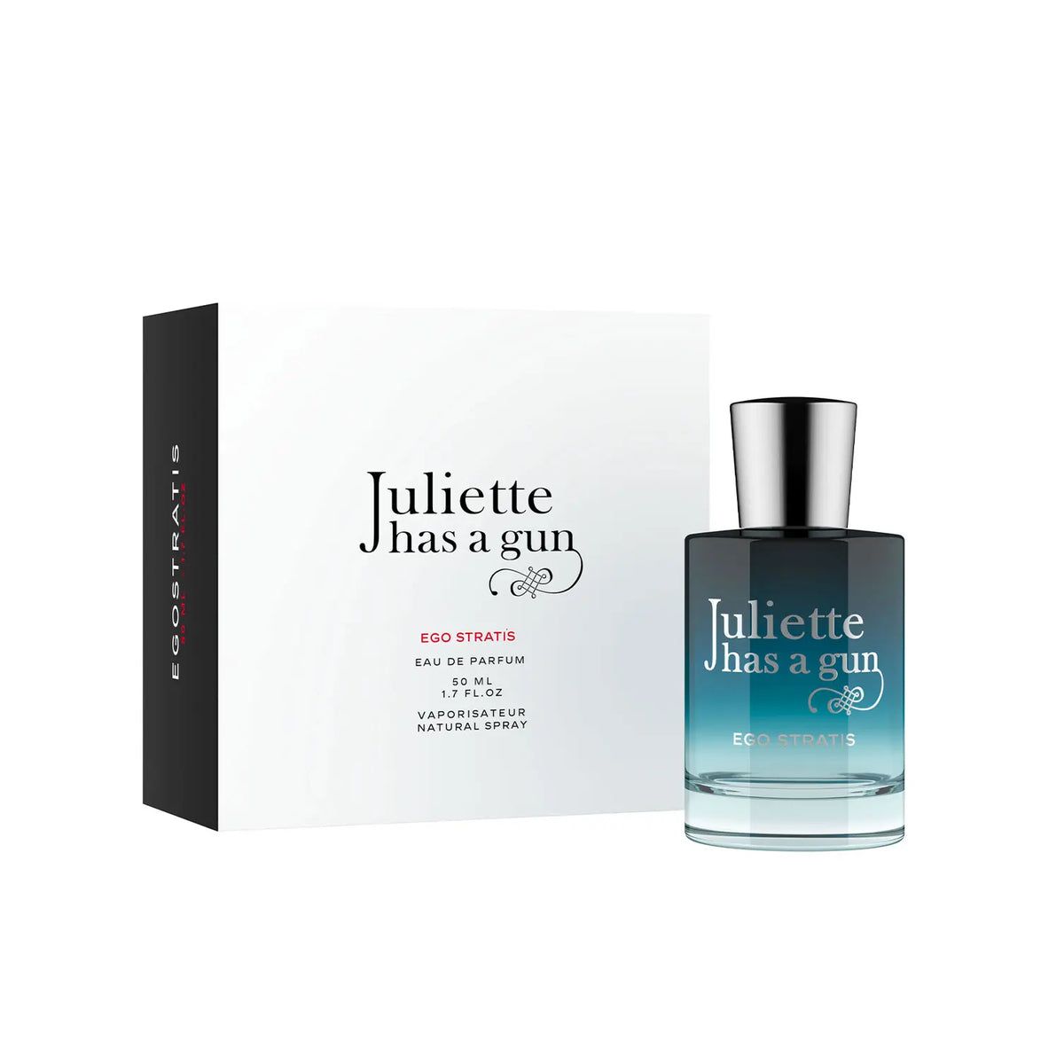 Fles naast witte doos. Opschrift: Juliette has a gun EGO STRATIS. Doos met productinformatie.