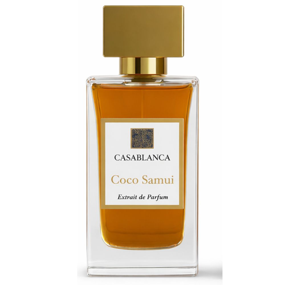 Glazen fles met gouden dop. Wit etiket met tekst Casablanca Coco Samui Extrait de Parfum.