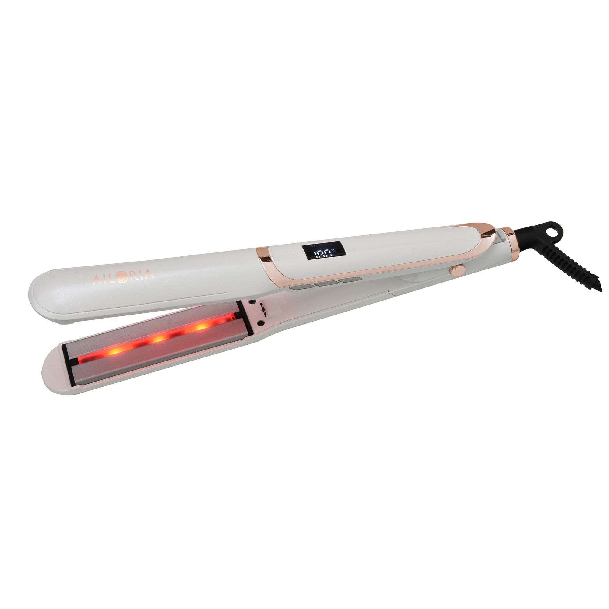 Witte stijltang met roségouden accenten. Digitaal temperatuurdisplay. Infrarood verwarmingsplaten.