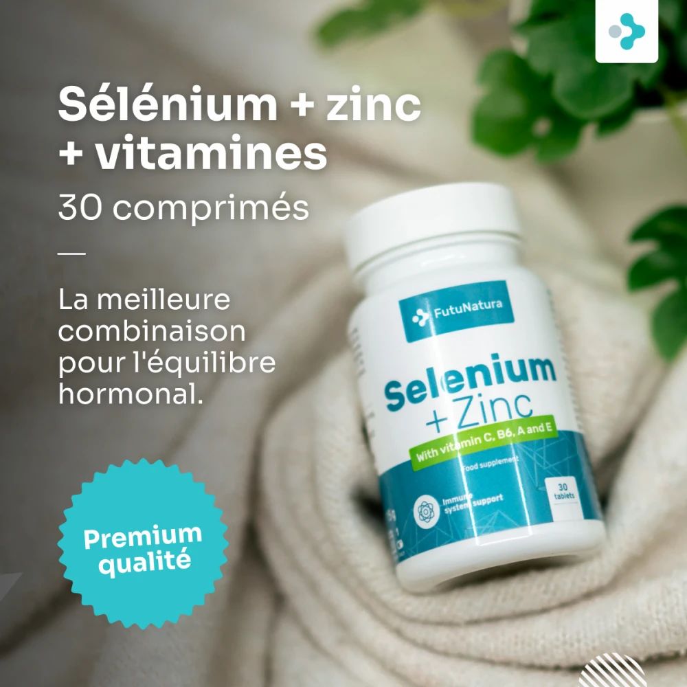 Flacon FutuNatura Sélénium + Zinc sur un tissu doux. Inscription : Sélénium + Zinc, avec vitamines C, B6, A et E. 30 comprimés.