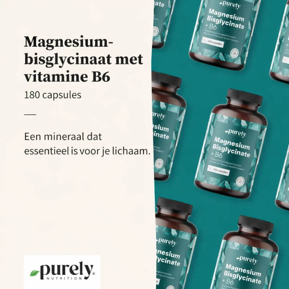 Meerdere flessen met magnesiumbisglycinaat + B6. Tekst: Een mineraal dat essentieel is voor je lichaam. 180 capsules.