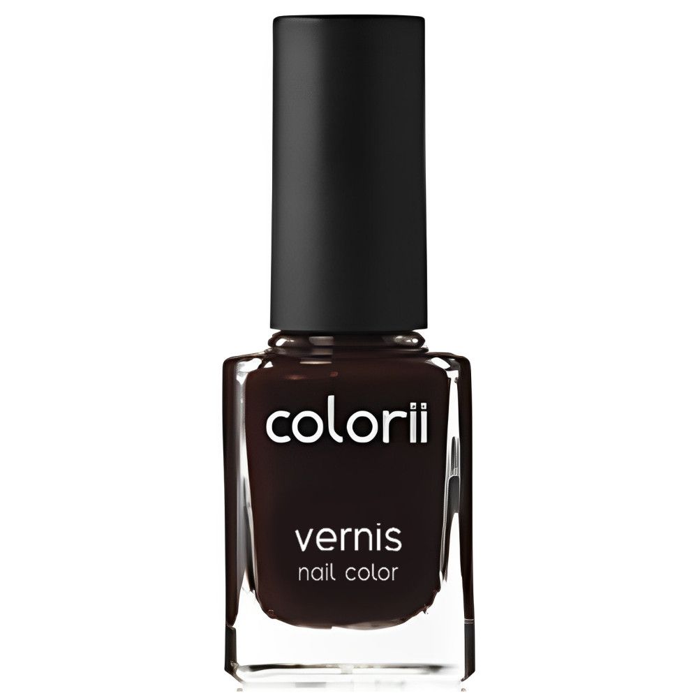Flacon de vernis à ongles avec bouchon noir. Inscription : colorii, vernis, nail color. Couleur brun foncé.