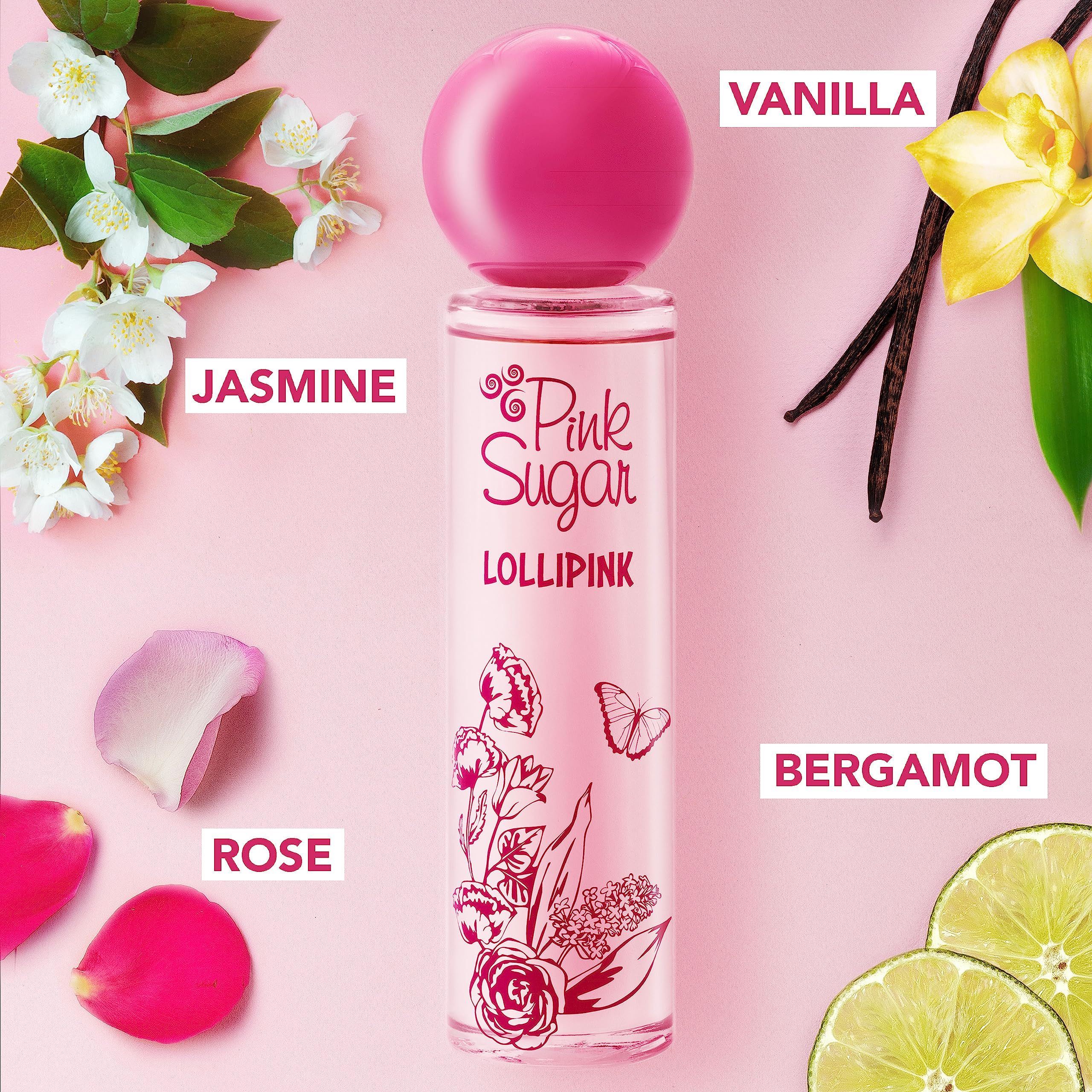 Parfumfles met roze dop. Opschrift "Pink Sugar Lollipink". Bloemenmotief. Ingrediëntenlabels: Roos, Jasmijn, Vanille, Bergamot.