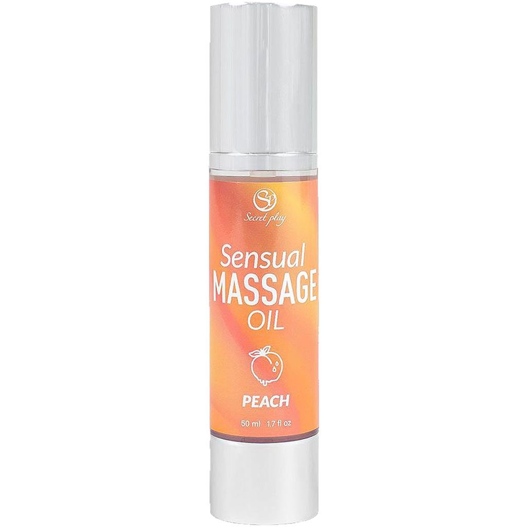 Fles massageolie. Opschrift: Sensual Massage Oil Peach. Zilveren pompkop.