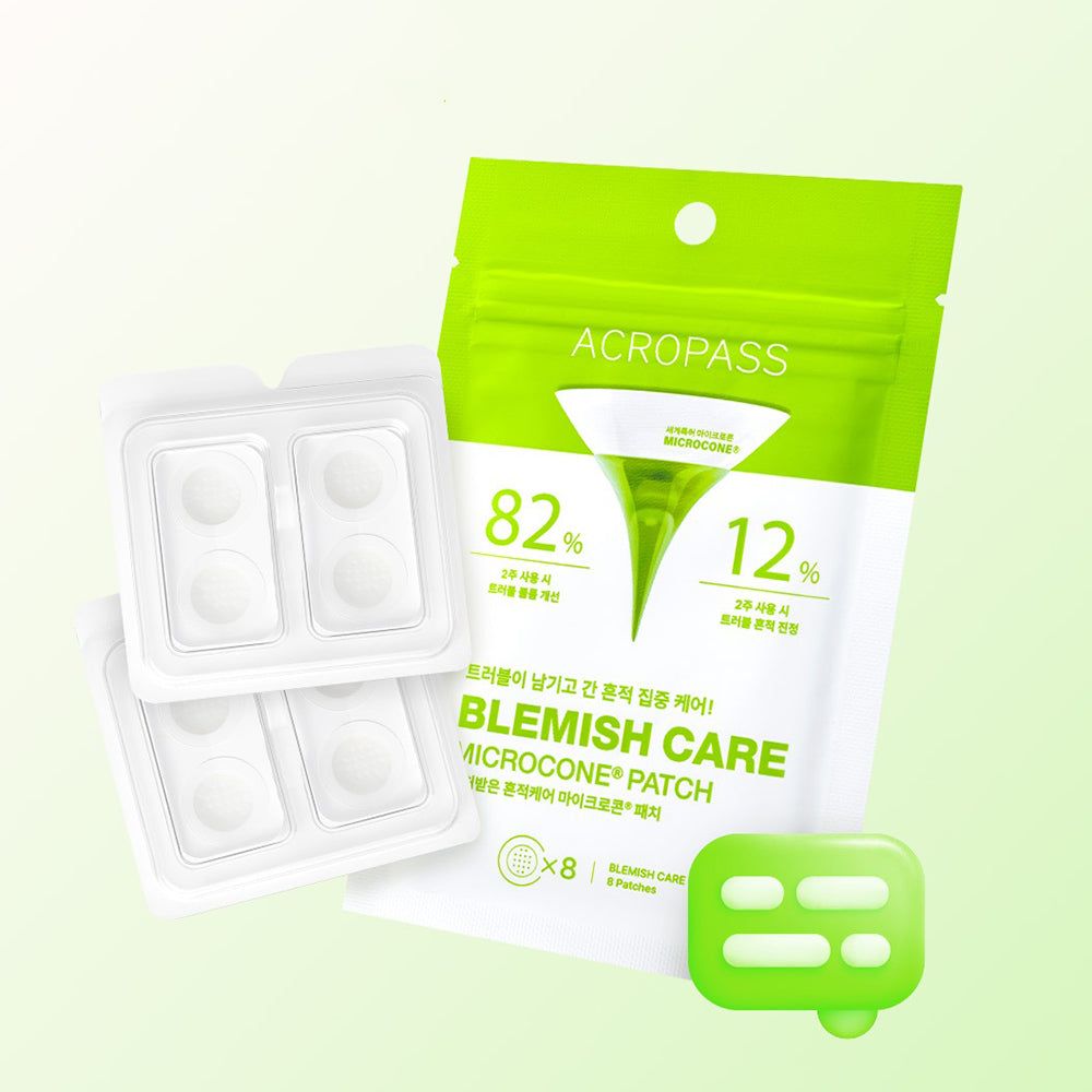 Verpakking met ACROPASS Blemish Care patches. Bevat 8 patches. Witte blisterverpakkingen met elk 4 patches. Groen-witte verpakking.