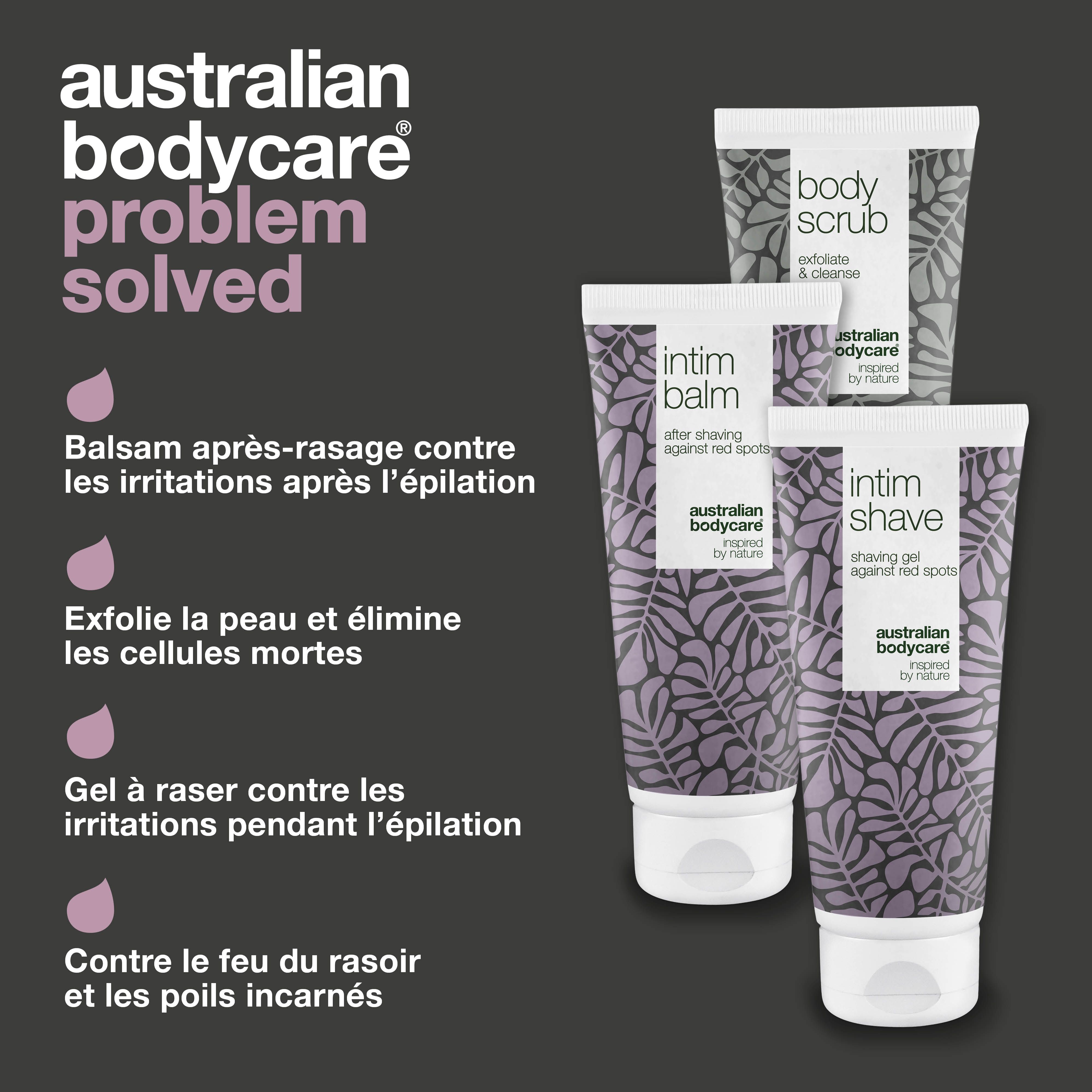Produits Intimrasur. Texte : Baume après-rasage contre les irritations. Exfolie la peau. Gel contre les irritations. Contre le feu du rasoir et les poils incarnés.