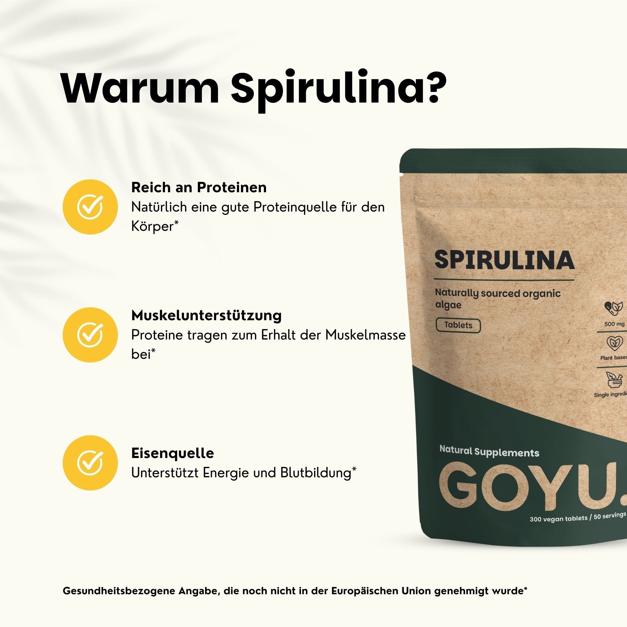 Sachet en papier brun de comprimés de spiruline. Contient des informations sur les protéines, le soutien musculaire et la source de fer.