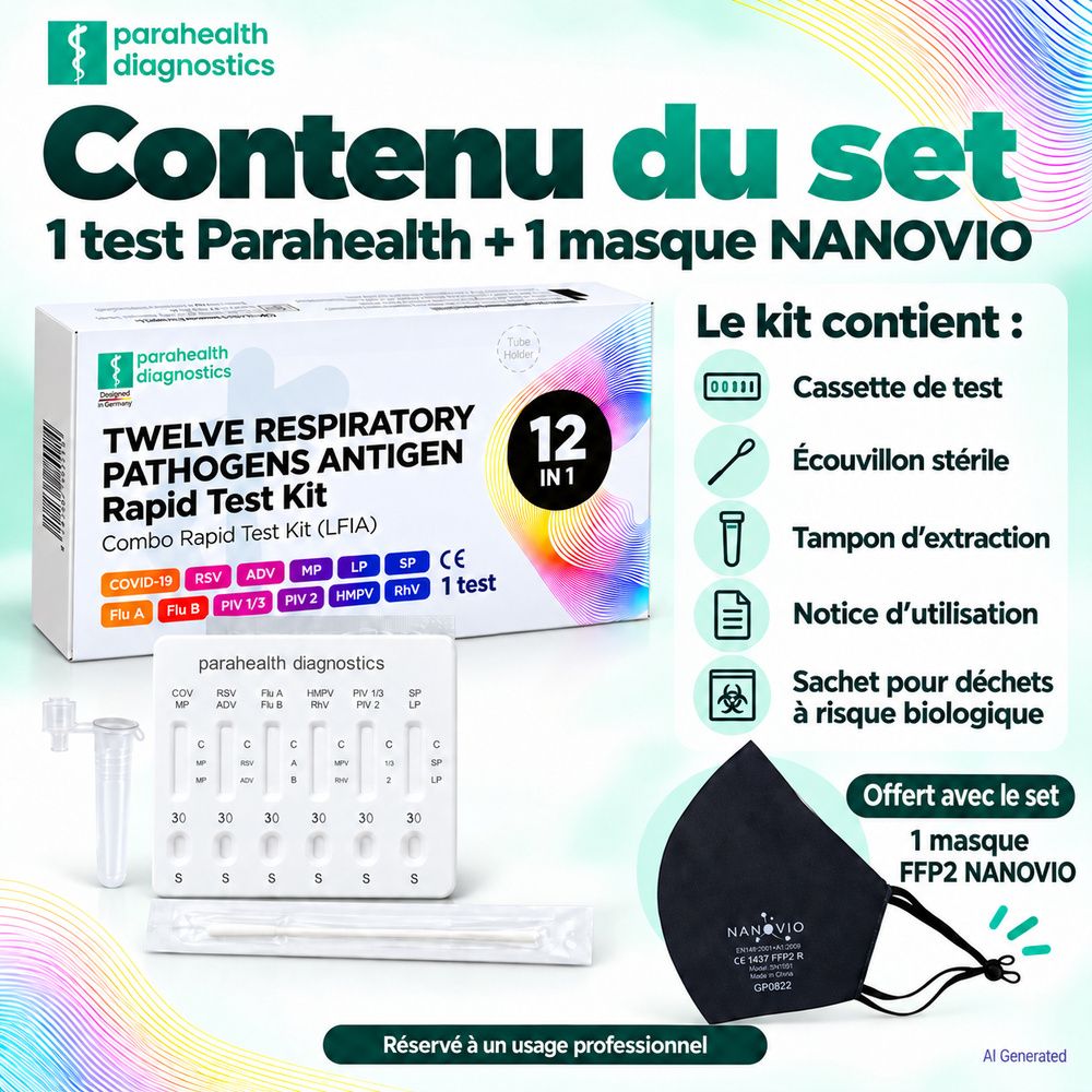 Contenu du set : 1 test Parahealth, 1 masque NANOVIO FFP2. Comprend cassette, écouvillon, tampon, notice, sac.