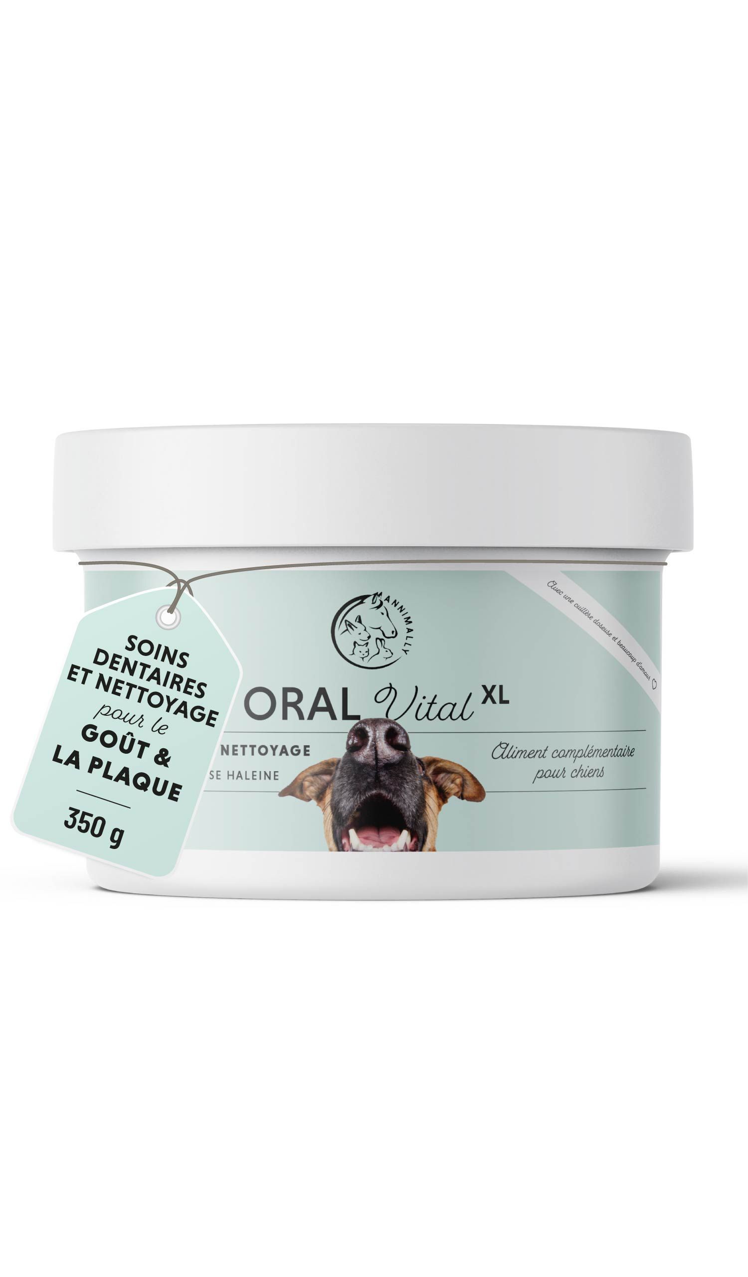 Emballage du produit. Inscription: Oral Vital XL. Soins dentaires et nettoyage. 350 g. Logo chien et cheval.